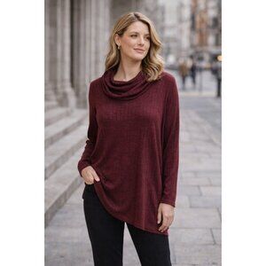Shannon Ford NY Burgundy Ribbed Cowl Neck Tunic Sweater Womens XL